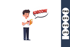 Boy reading comic book with kaboom text bubble illustration Product Image 1