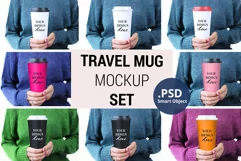 Woman holding travel mug PSD mockup, Travel mug mockup set Product Image 1