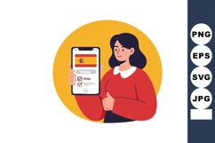 Woman holding smartphone with Spanish language app and thumb Product Image 1