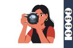 Woman holding camera capturing cityscape through lens vector Product Image 1