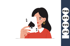Woman holding ace of spades card with black hair and red top Product Image 1