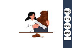 Woman holding large chocolate bar with cocoa beans on table Product Image 1