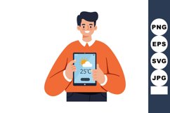 Man Holding Tablet Displaying Weather Forecast with Sunny Cl Product Image 1