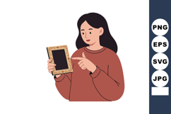 Woman pointing at empty photo frame in brown sweater holding Product Image 1