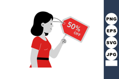Woman pointing at red 50 percent off sale tag discount promo Product Image 1