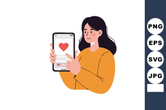 Woman using smartphone showing heart icon on screen in casua Product Image 1