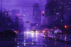 Cars driving on a wet city street at night, reflecting purpl Product Image 1