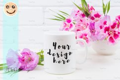 White coffee mug mockup with pink godetia flowers Product Image 1