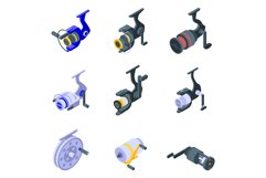Fishing reel icons set, isometric style Product Image 1