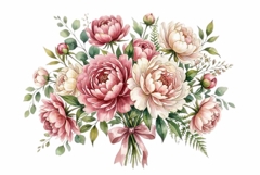 Watercolor soft peony bouquet with green leaves Product Image 1
