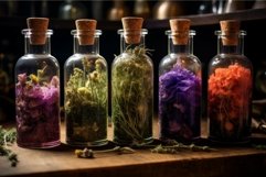 Herbal essence in glass bottles on rustic table Product Image 1