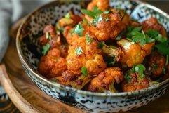 Roasted organic cauliflower florets with herbs in bowl Product Image 1