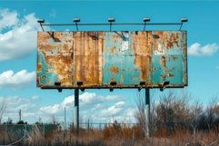 Rusty billboard showing urban decay with blue sky Product Image 1