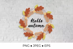 Hello Autumn lettering in Wreath of colorful leaves Product Image 1