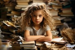 Thoughtful child amidst piles of books Product Image 1