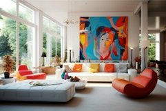 Modern living room with vibrant artwork and designer furnitu Product Image 1