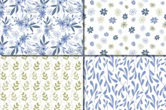 Seamless Blue and Green Hand Drawn Flowers and Leaves Digital Paper / Pastel Foliage Seamless Pattern / Scrapbooking Papers Product Image 3