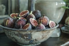 Vintage bowl of fresh figs on rustic kitchen counter Product Image 1