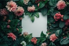 Blank paper surrounded by green leaves and pink flowers form Product Image 1