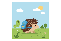 Cute hedgehog carrying a blue backpack in a sunny, green lan Product Image 1