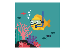 Happy cartoon fish wearing snorkel swimming among colorful c Product Image 1