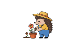 A cute hedgehog gardener wearing a straw hat planting flower Product Image 1