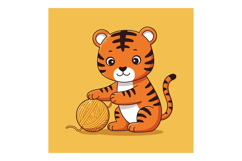 Cute cartoon tiger playing with a ball of yarn in a flat vec Product Image 1