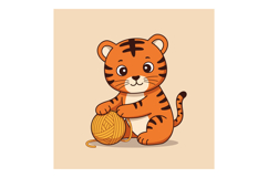 Cute tiger cub playing with a ball of yarn in a playful, min Product Image 1