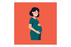 Pregnant woman in a green dress smiling joyfully against a v Product Image 1