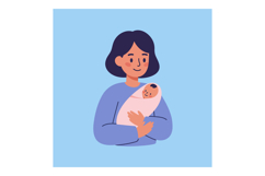 Loving mother holding her wrapped newborn in a flat, colorfu Product Image 1