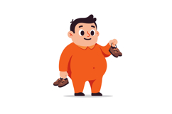 Happy chubby man in orange jumpsuit holding shoes in flat ve Product Image 1