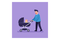 Father joyfully pushing a baby stroller in flat vector art s Product Image 1