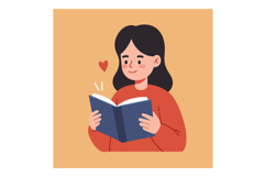 A young woman reading a blue book with joy in a minimal flat Product Image 1