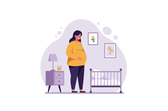 Pregnant woman standing next to a crib in a cozy minimalist Product Image 1