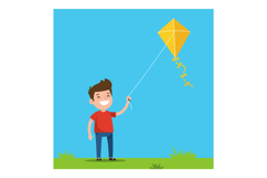 Happy boy flying a yellow kite in a bright blue sky, flat ve Product Image 1
