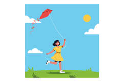 Girl flying a red kite on a sunny day in a flat vector illus Product Image 1