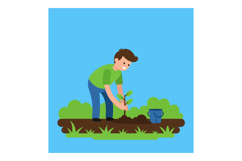 A young man planting a small tree in soil surrounded by gree Product Image 1