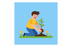 Young boy planting a small tree in vibrant colors, flat desi Product Image 1