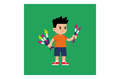 Determined boy holding paintbrushes in colorful art scene fl Product Image 1