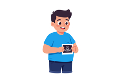 Happy boy holding ultrasound photo in bright blue shirt, fla Product Image 1
