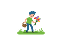 A young boy gathering colorful flowers with a wicker basket Product Image 1