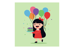 Happy girl in red dress carrying birthday cake with colorful Product Image 1