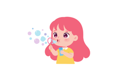 Young girl with pink hair blowing bubbles in a playful, flat Product Image 1