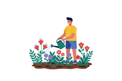 A man watering colorful flowers in a vibrant garden using a Product Image 1