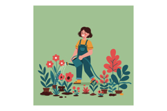 A cheerful woman watering vibrant flowers in a lush garden, Product Image 1