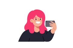 Smiling girl with pink hair taking a selfie in a flat vector Product Image 1