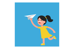 Happy girl in yellow dress joyfully flying a paper airplane Product Image 1
