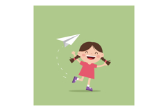 Happy girl with pigtails joyfully running and throwing a pap Product Image 1