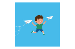 Happy boy running joyfully with paper airplanes in a flat ve Product Image 1