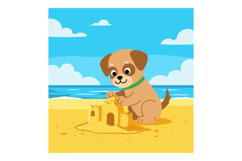 Playful puppy building a sandcastle on a sunny beach in flat Product Image 1